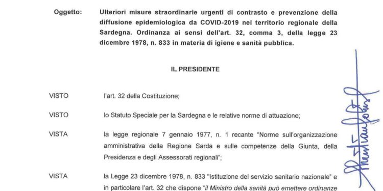 Nuova ordinanza del presidente della Regione, Christian Solinas, per contrastare e prevenire la diffusione del Coronavirus