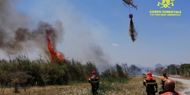 Un elicottero del Corpo forestale della base di Limbara sta intervenendo su un incendio nelle campagne di Perfugas