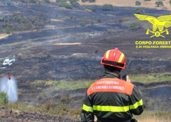 Un elicottero del Corpo forestale proveniente dalla base di Farcana sta intervenendo su un incendio nelle campagne di Orune, in località Pungas