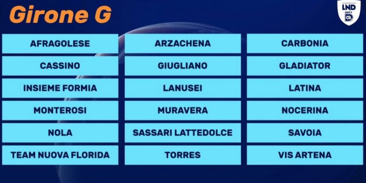 Le 6 squadre sarde sono state inserite nel girone G della serie D di calcio, con 6 squadre laziali e 6 campane