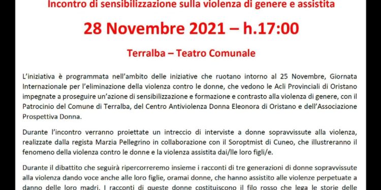 E’ in programma alle 17.00, al Teatro comunale di Terralba, “Donne dentro”, un incontro di sensibilizzazione sulla violenza di genere e assistita