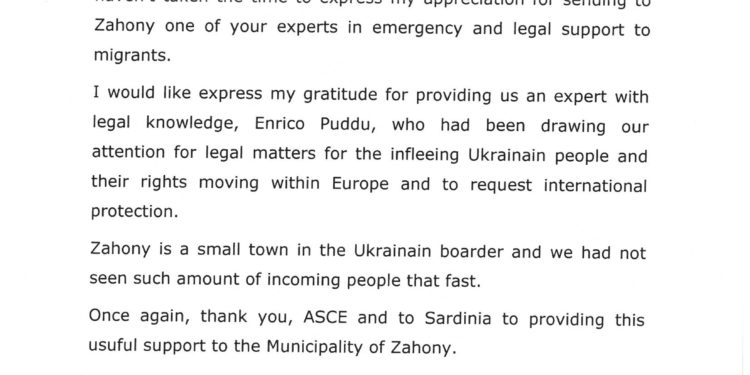 Il ringraziamento del sindaco di Zahony (Ungheria) all’ASCE per l’aiuto nella gestione dei profughi ucraini
