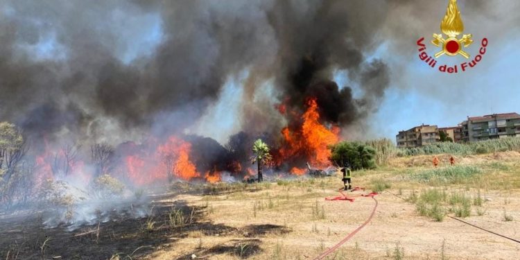 Vasto incendio di vegetazione e canneti, in viale Marconi, a Quartu Sant’Elena