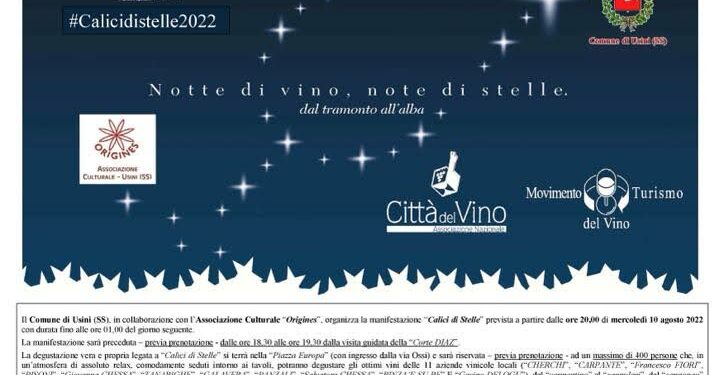 Mercoledì 10 agosto, ad Usini, si terrà l’evento “Calici di stelle”