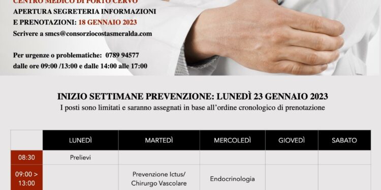 Tornano le “Settimane gratuite della prevenzione”, a Porto Cervo, dal 23 gennaio al 28 febbraio 2023, organizzate da Smeralda Holding
