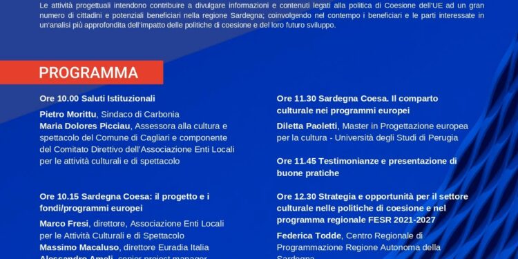 Lunedì 6 novembre, a Carbonia, si terrà l’evento “L’Europa per la cultura: politiche di coesione per la crescita del settore culturale in Sardegna – Focus sul Just Transition Fund”