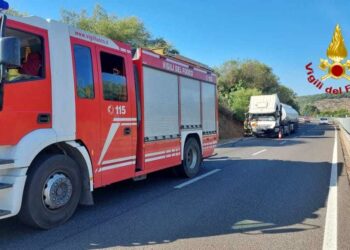 Principio d’incendio della motrice di un camion sulla statale 131, sul posto i vigili del fuoco