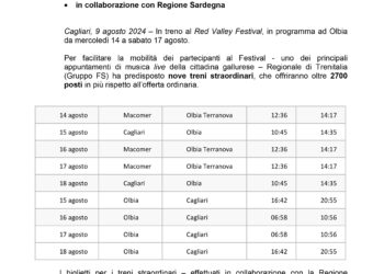 Nove treni straordinari per facilitare la mobilità dei partecipanti al Red Valley Festival di Olbia