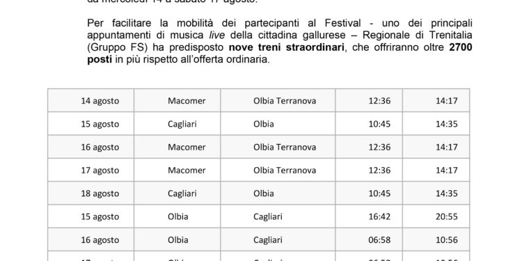 Nove treni straordinari per facilitare la mobilità dei partecipanti al Red Valley Festival di Olbia