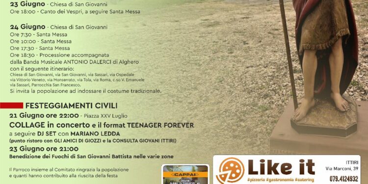Ittiri: dal 15 al 24 giugno la festa per San Giovanni Battista