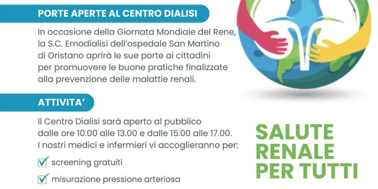 “Porte aperte in Nefrologia”: giovedì 12 marzo al Centro Dialisi di Oristano screening gratuiti per la prevenzione delle malattie renali