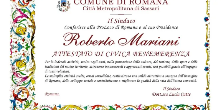 Romana: un attestato di benemerenza alla Pro Loco